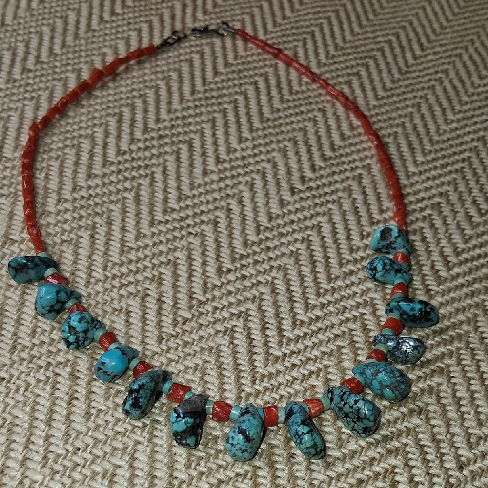 Vintahe Zuni Turquoise and Coral Beaded Necklace 15 Inch Hand Made